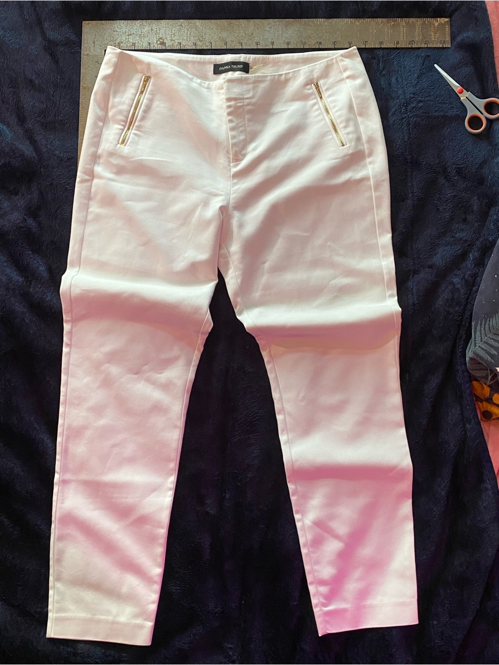 Ivanka Trump Cream Slim Cropped Pants with Gold Zipper Accents